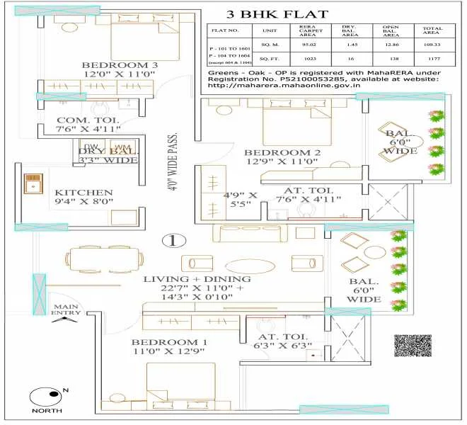 3 BHK floor plan