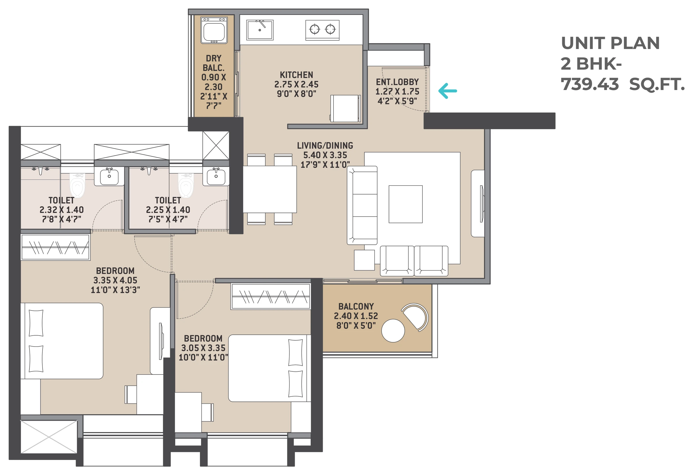 2 BHK floor plan
