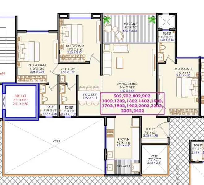 3 BHK floor plan