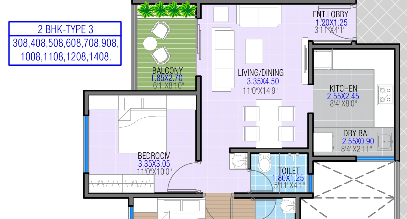 2 BHK floor plan — Kunal Manthan, Rahatani