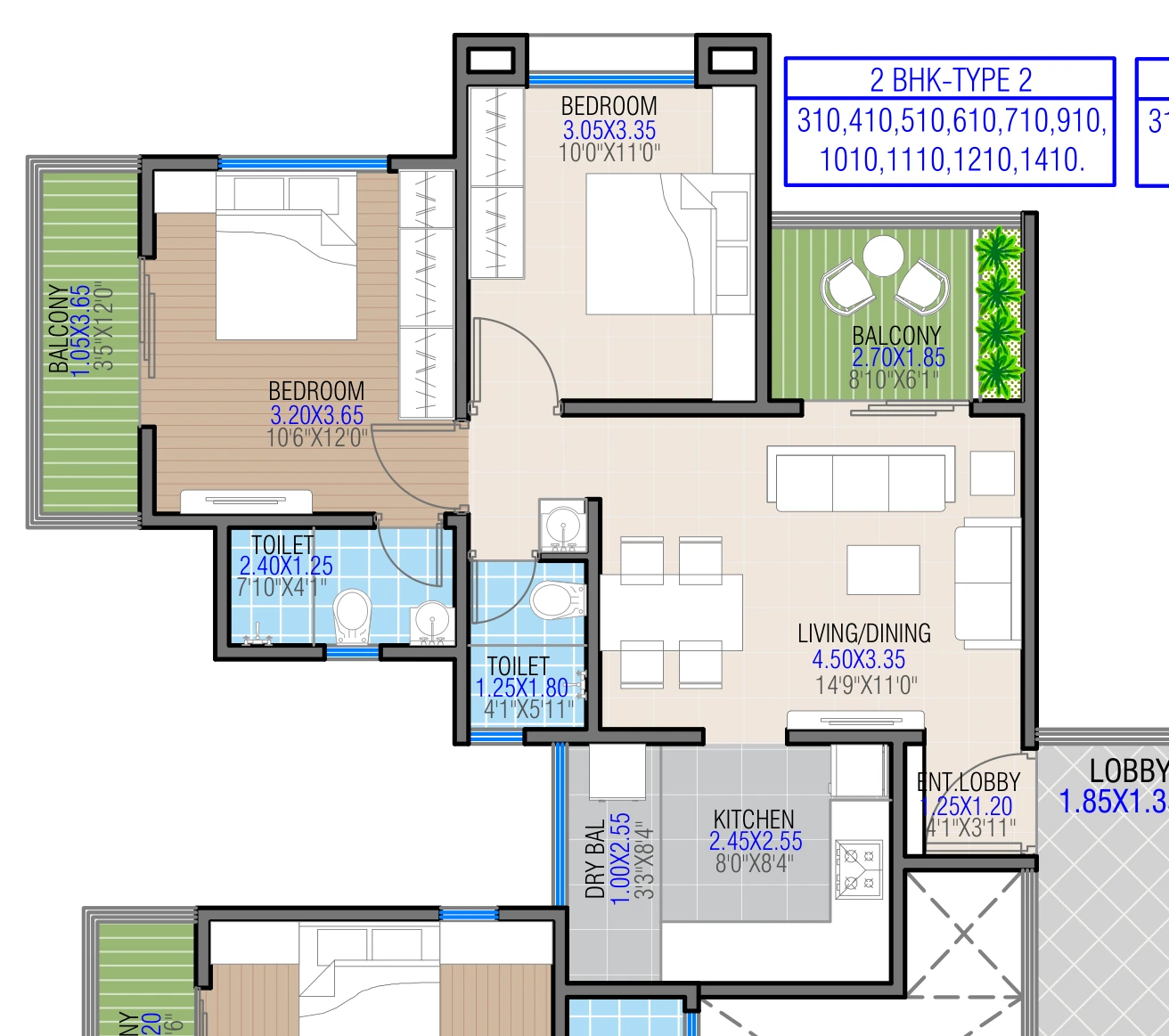 2 BHK floor plan — Kunal Manthan, Rahatani