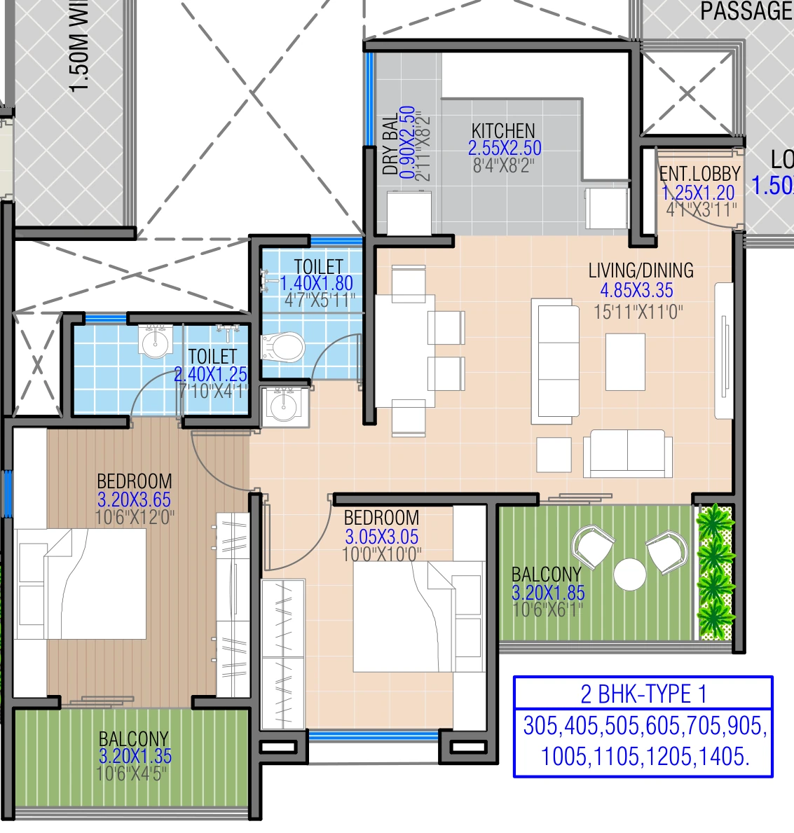 2 BHK floor plan — Kunal Manthan, Rahatani