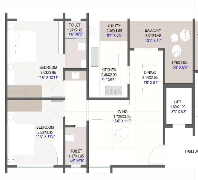2 BHK floor plan