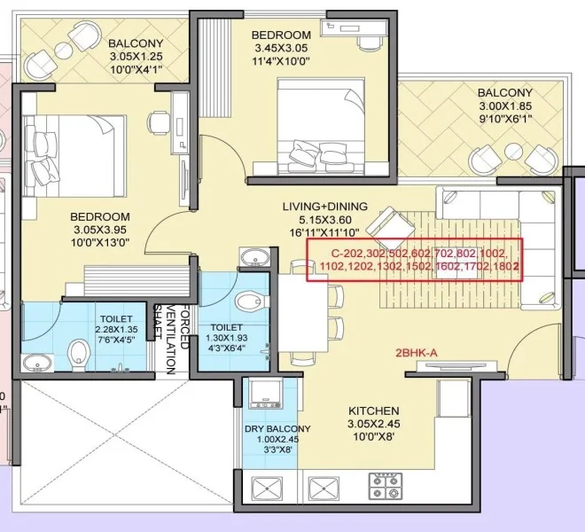2 BHK floor plan