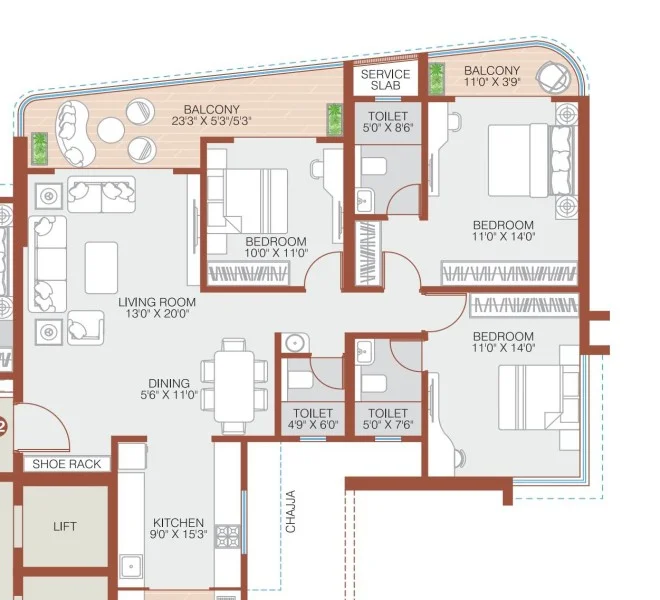 3 BHK floor plan