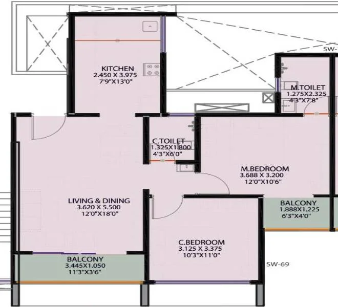 2 BHK floor plan