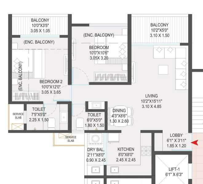 2 BHK floor plan