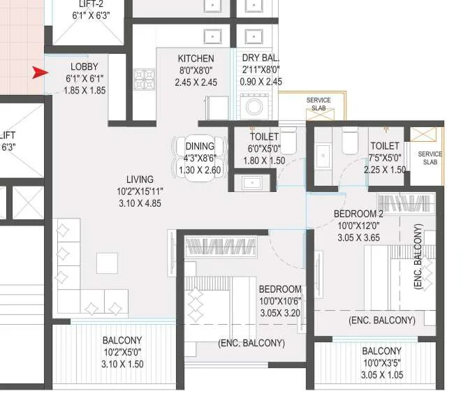 2 BHK floor plan