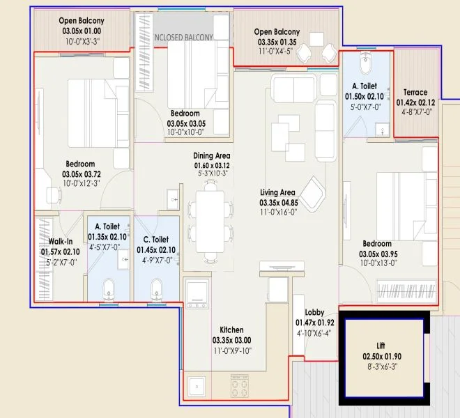 3 BHK floor plan