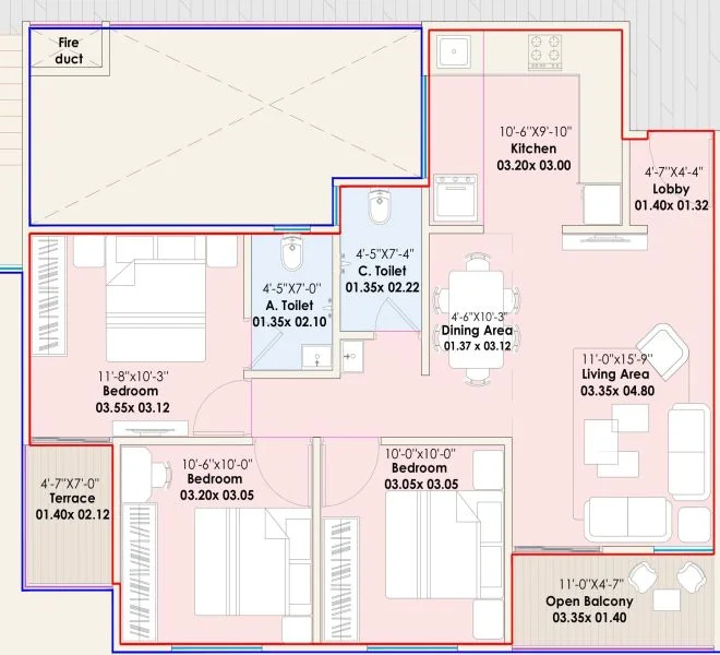 3 BHK floor plan