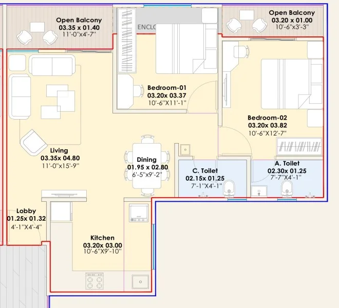 3 BHK floor plan