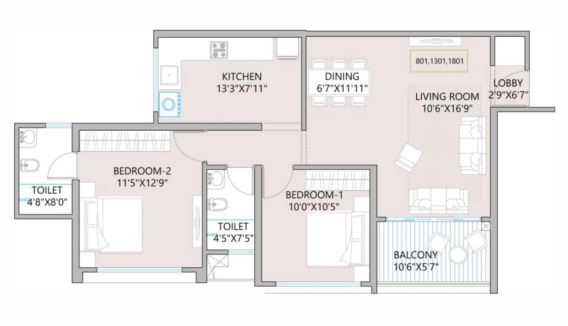 2 BHK floor plan