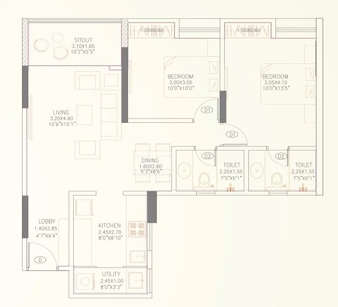 2 BHK floor plan
