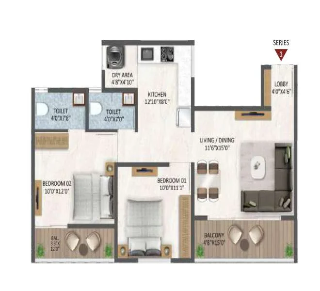 2 BHK floor plan