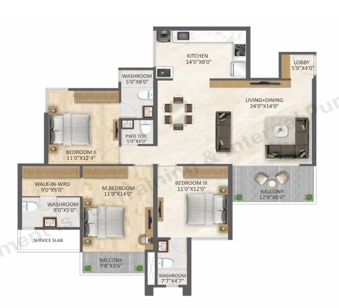 3 BHK floor plan
