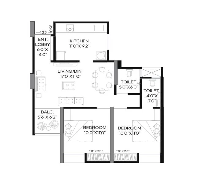 2 BHK floor plan
