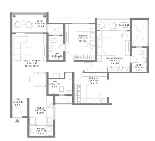3 BHK floor plan