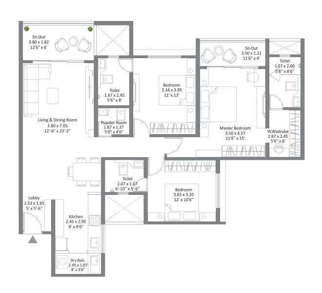3 BHK floor plan