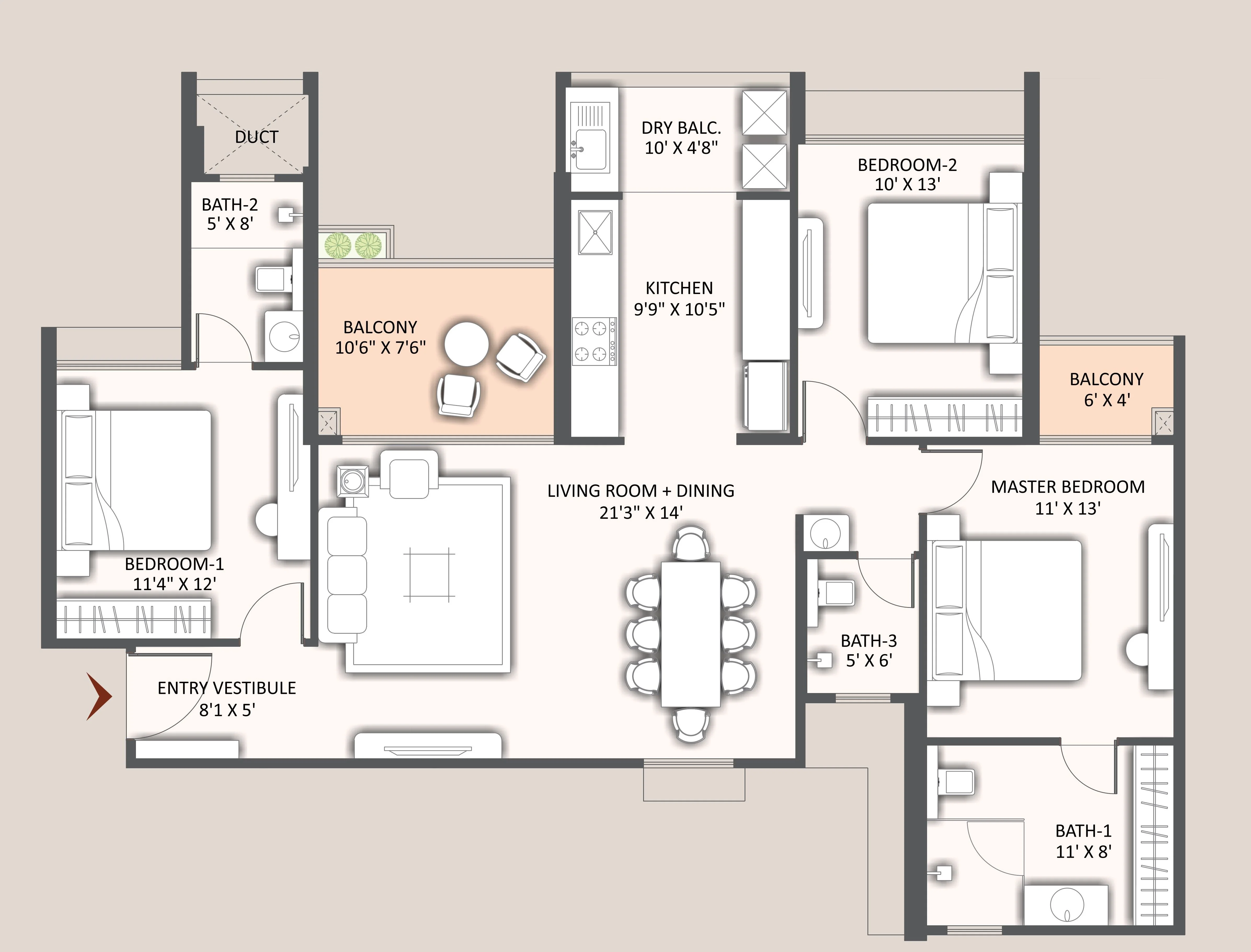 3 BHK floor plan