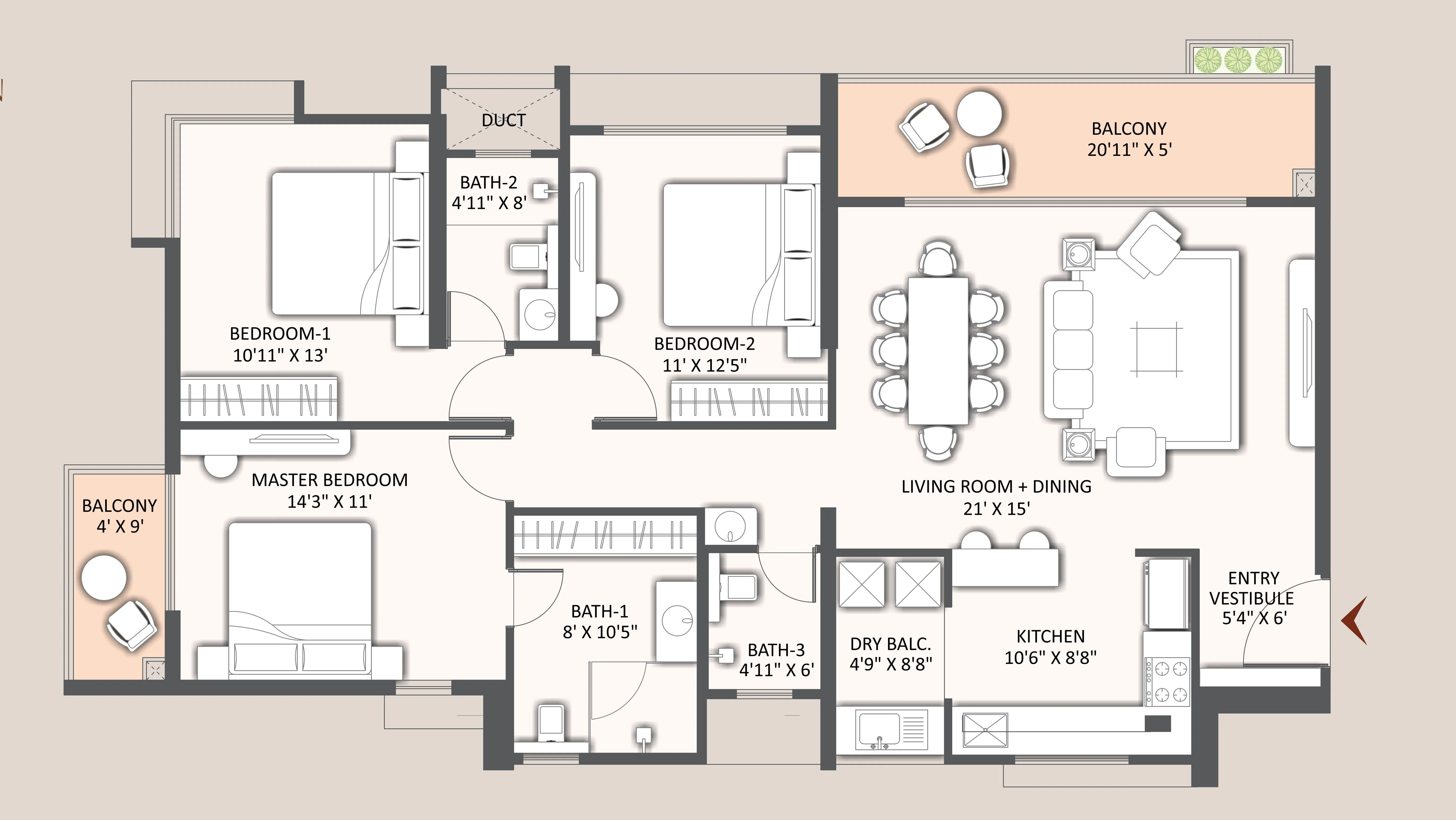 3 BHK floor plan
