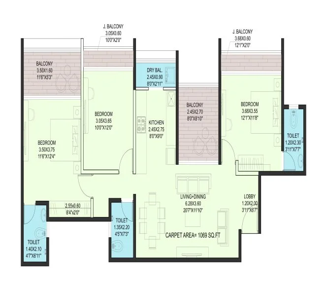 3 BHK floor plan