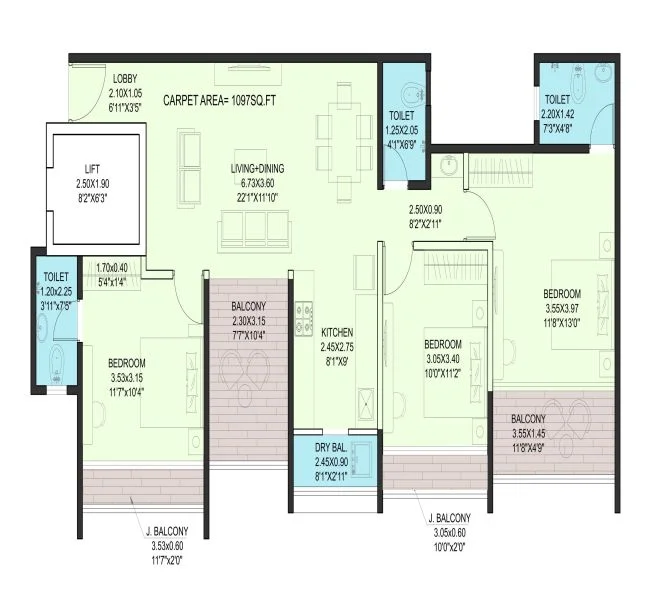 3 BHK floor plan