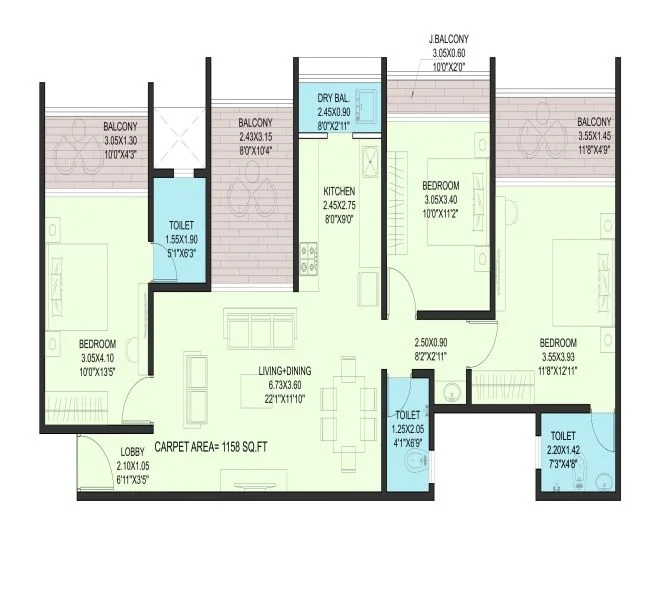 3 BHK floor plan