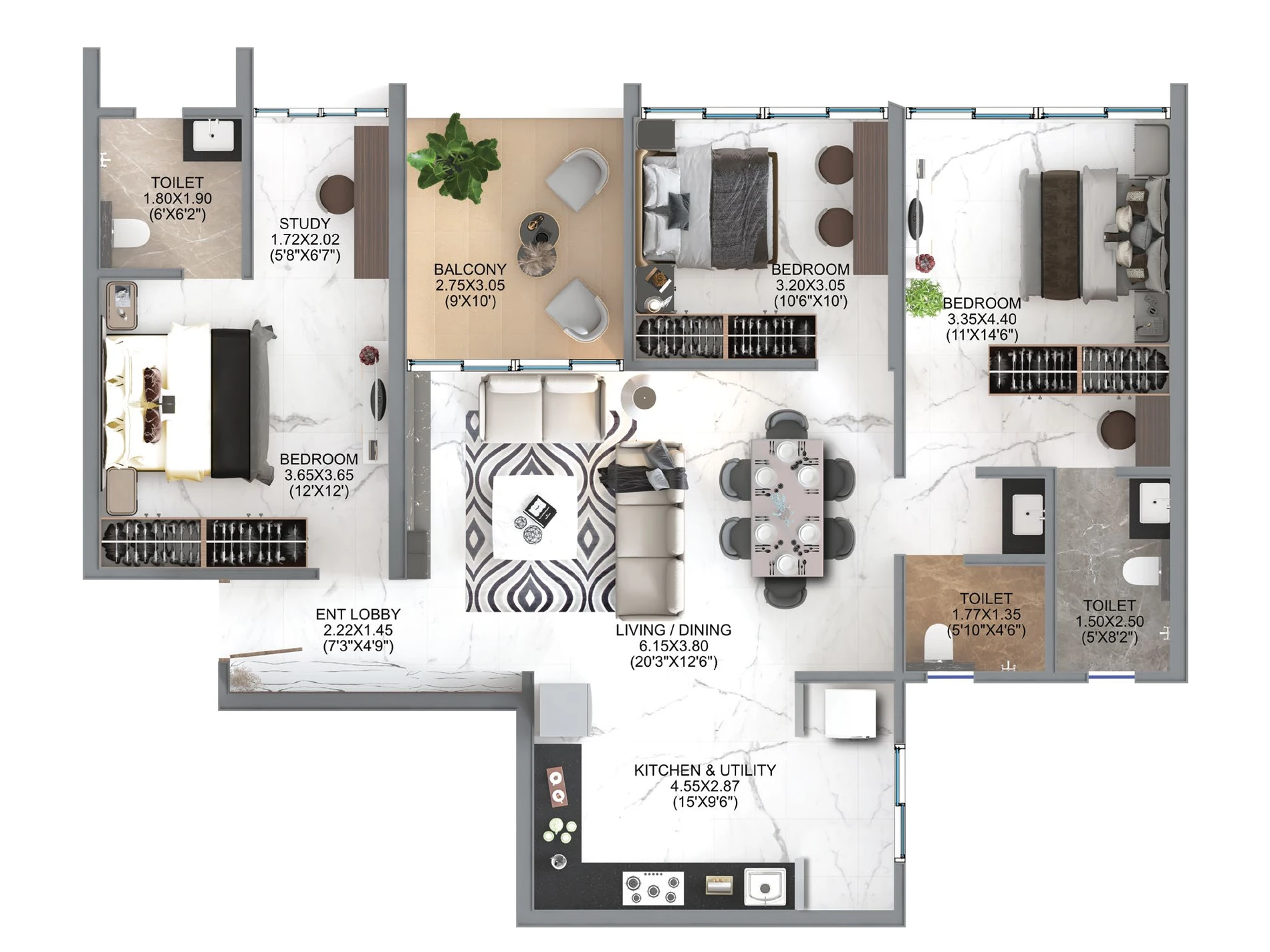 3 BHK floor plan