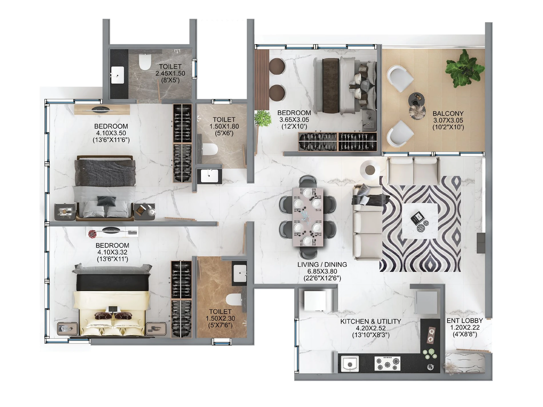 3 BHK floor plan