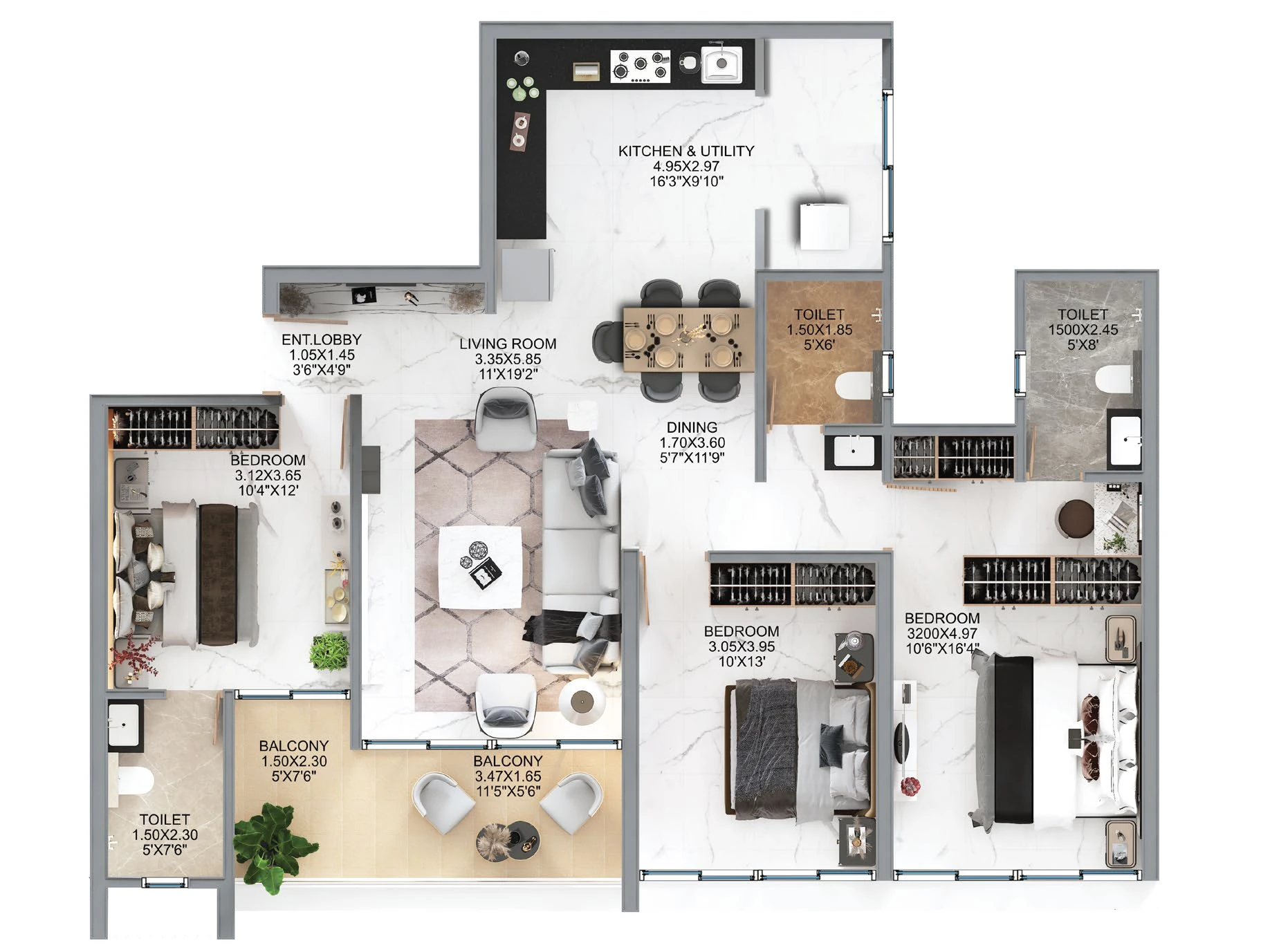 3 BHK floor plan