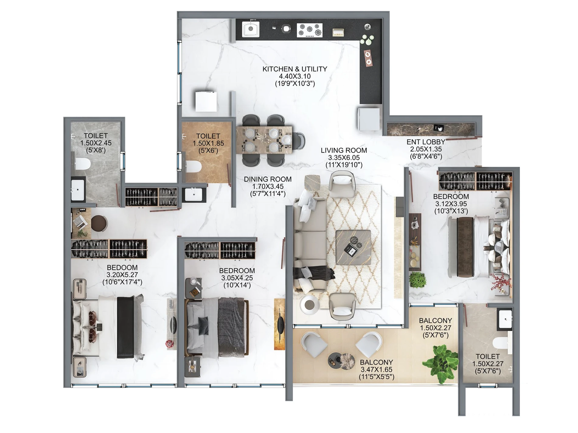 3 BHK floor plan