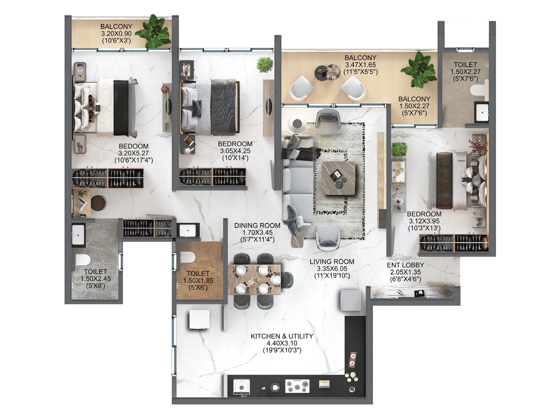 3 BHK floor plan