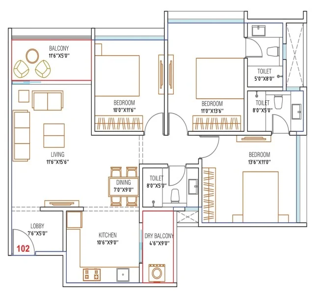 2 BHK floor plan