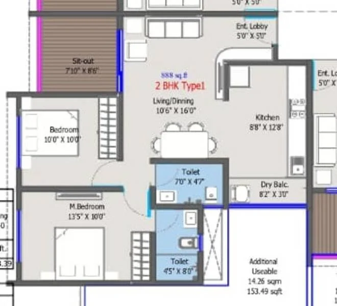 2 BHK floor plan