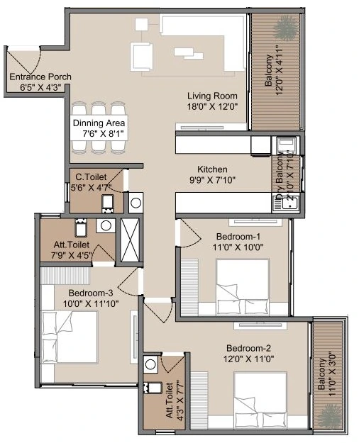 3 BHK floor plan