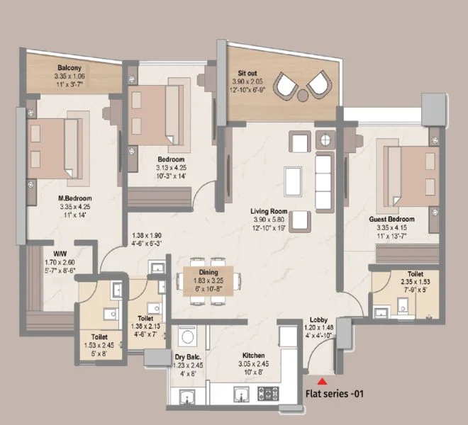 3 BHK floor plan