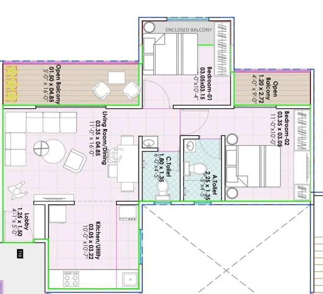 2 BHK floor plan