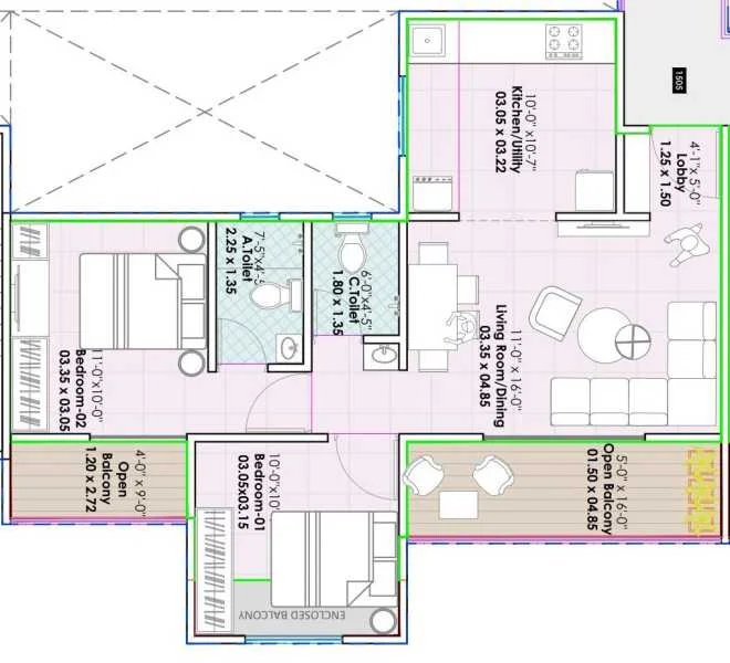 2 BHK floor plan