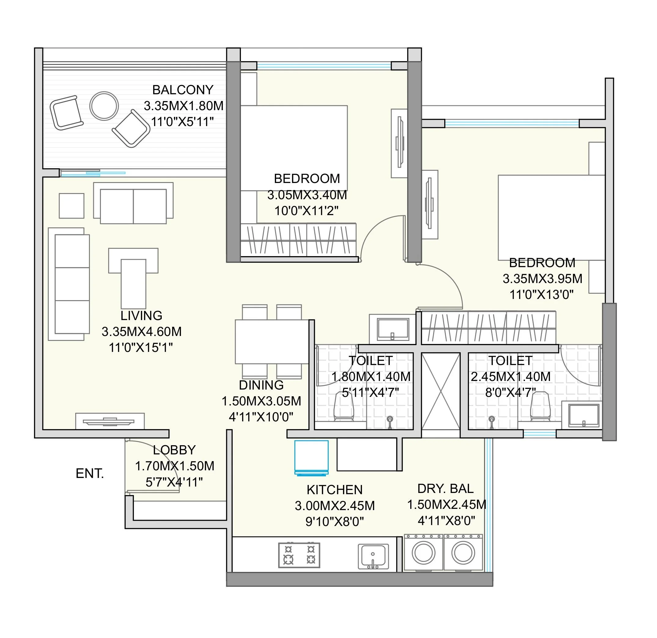 2 BHK floor plan
