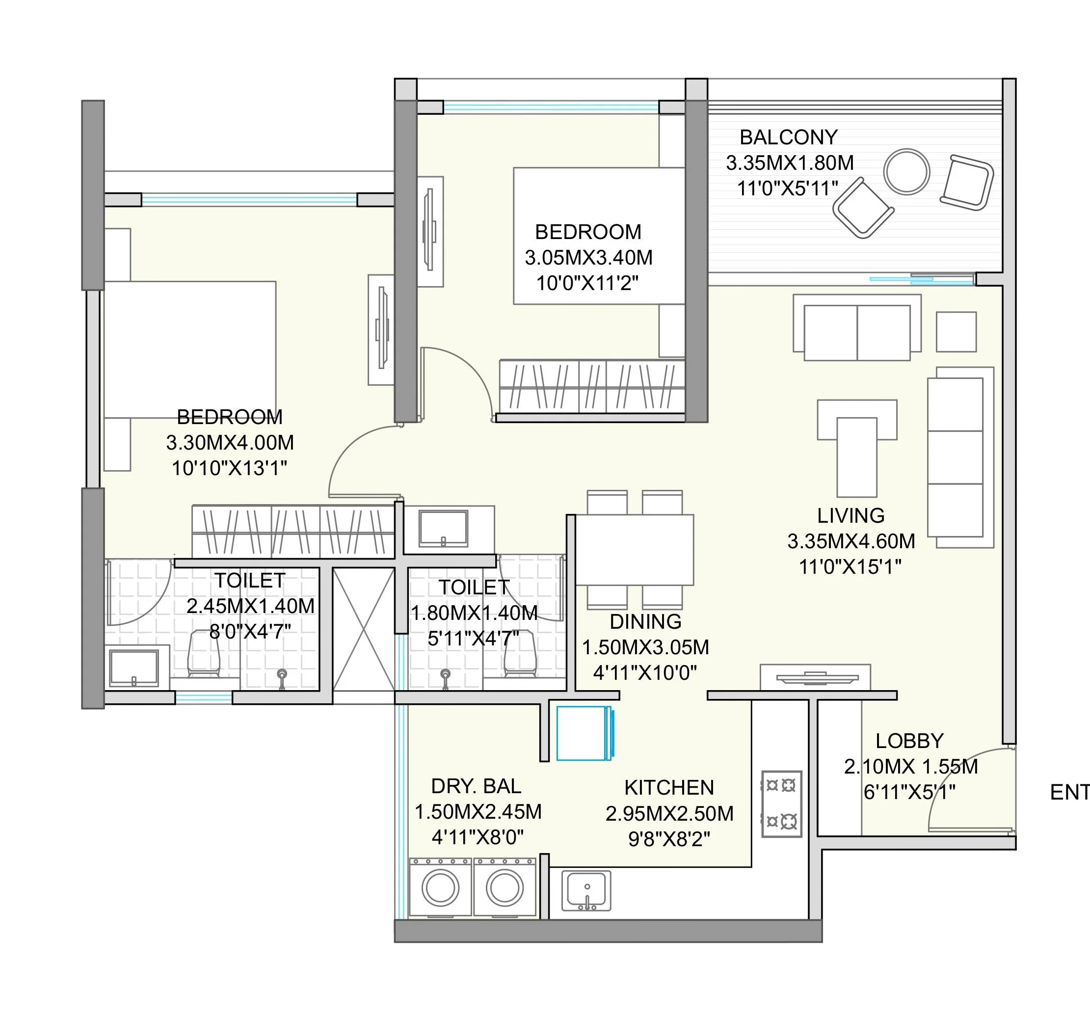 2 BHK floor plan