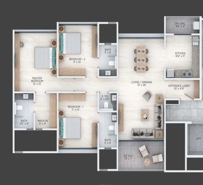 3 BHK floor plan