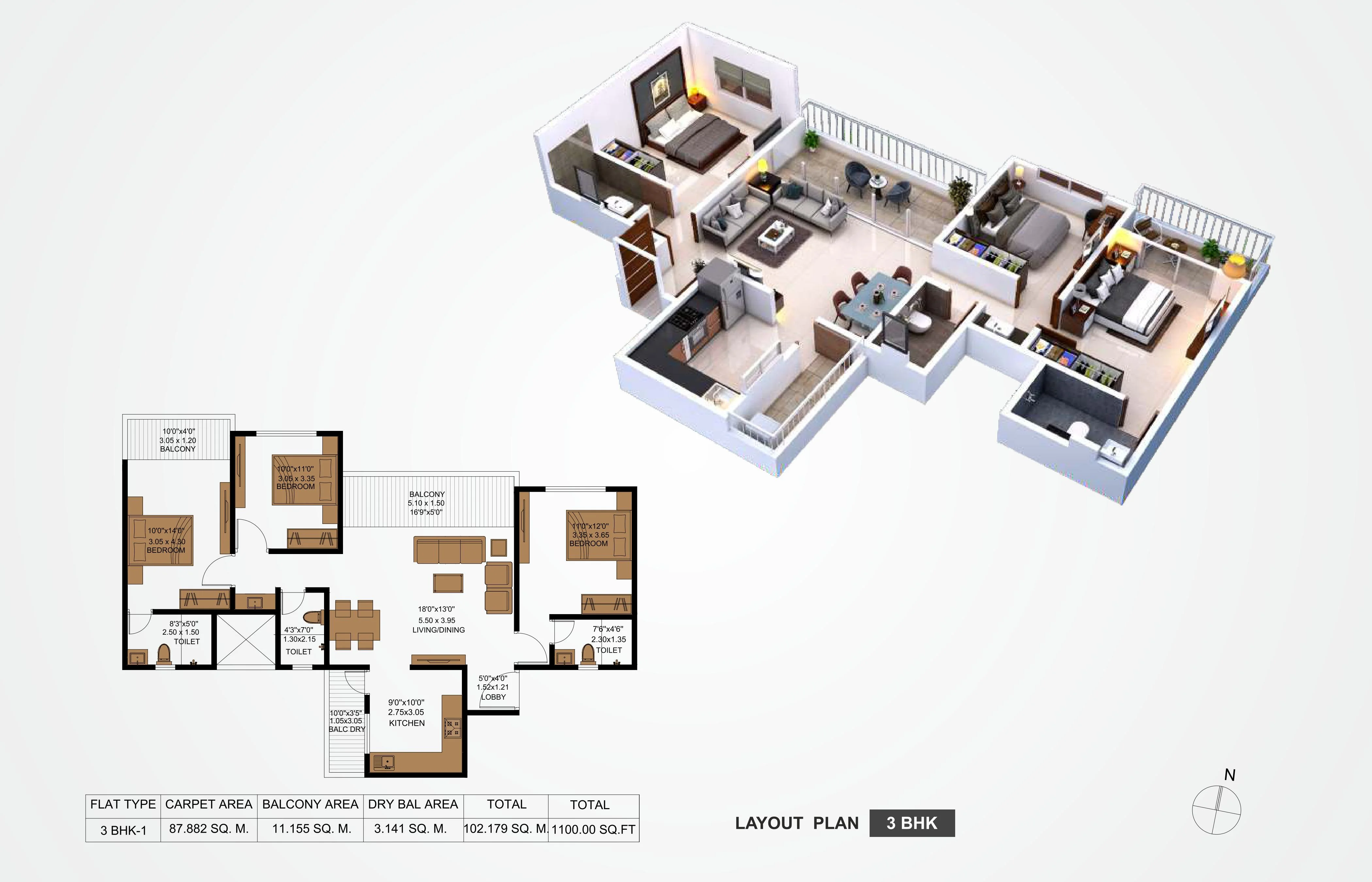 3 BHK floor plan