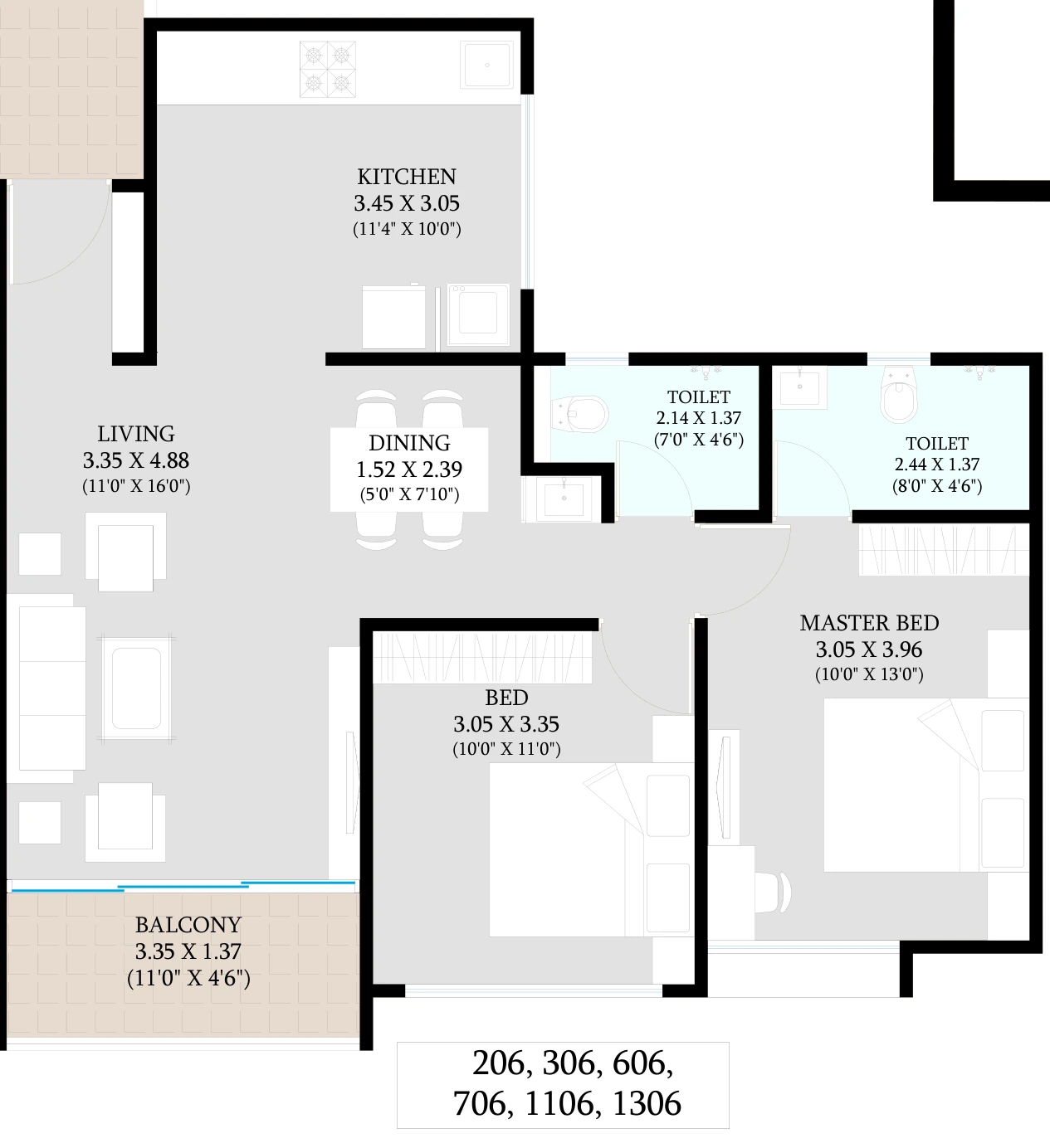 2 BHK floor plan — Unique Youtopia, Kharadi Riverside