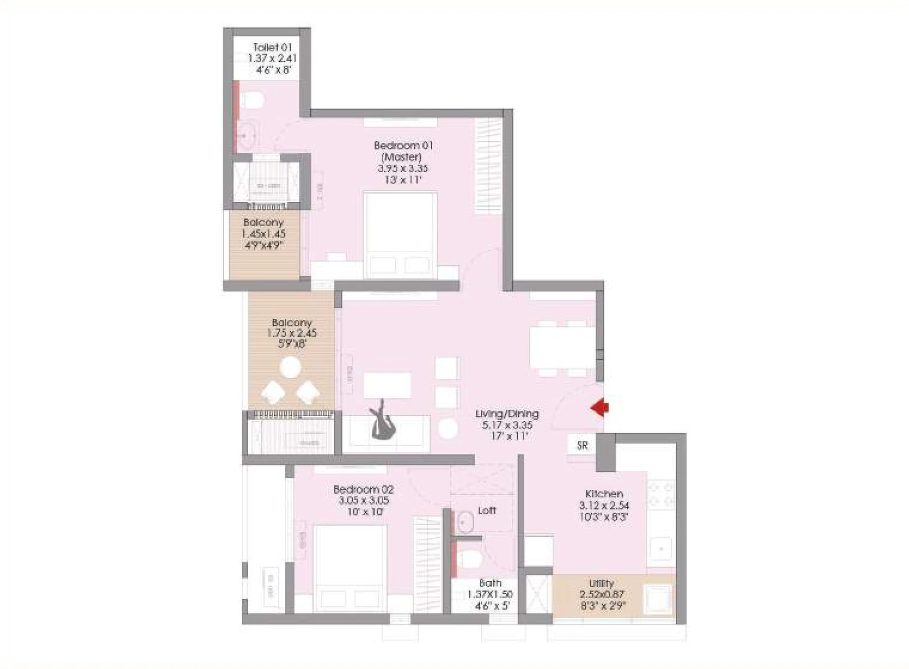 2 BHK floor plan — Godrej Aqua Vista, Keshav Nagar