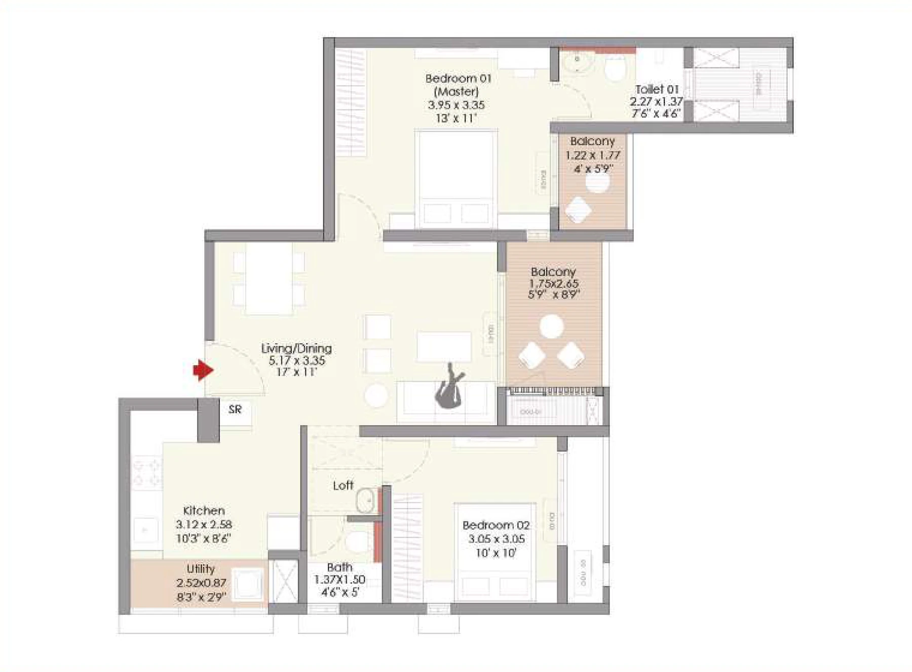 2 BHK floor plan — Godrej Aqua Vista, Keshav Nagar