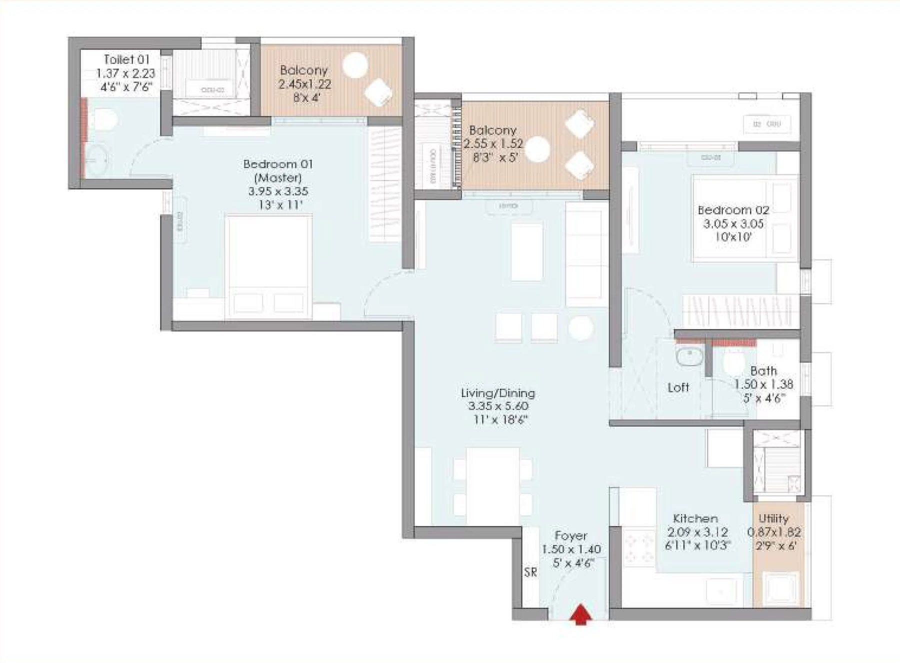 2 BHK floor plan — Godrej Aqua Vista, Keshav Nagar