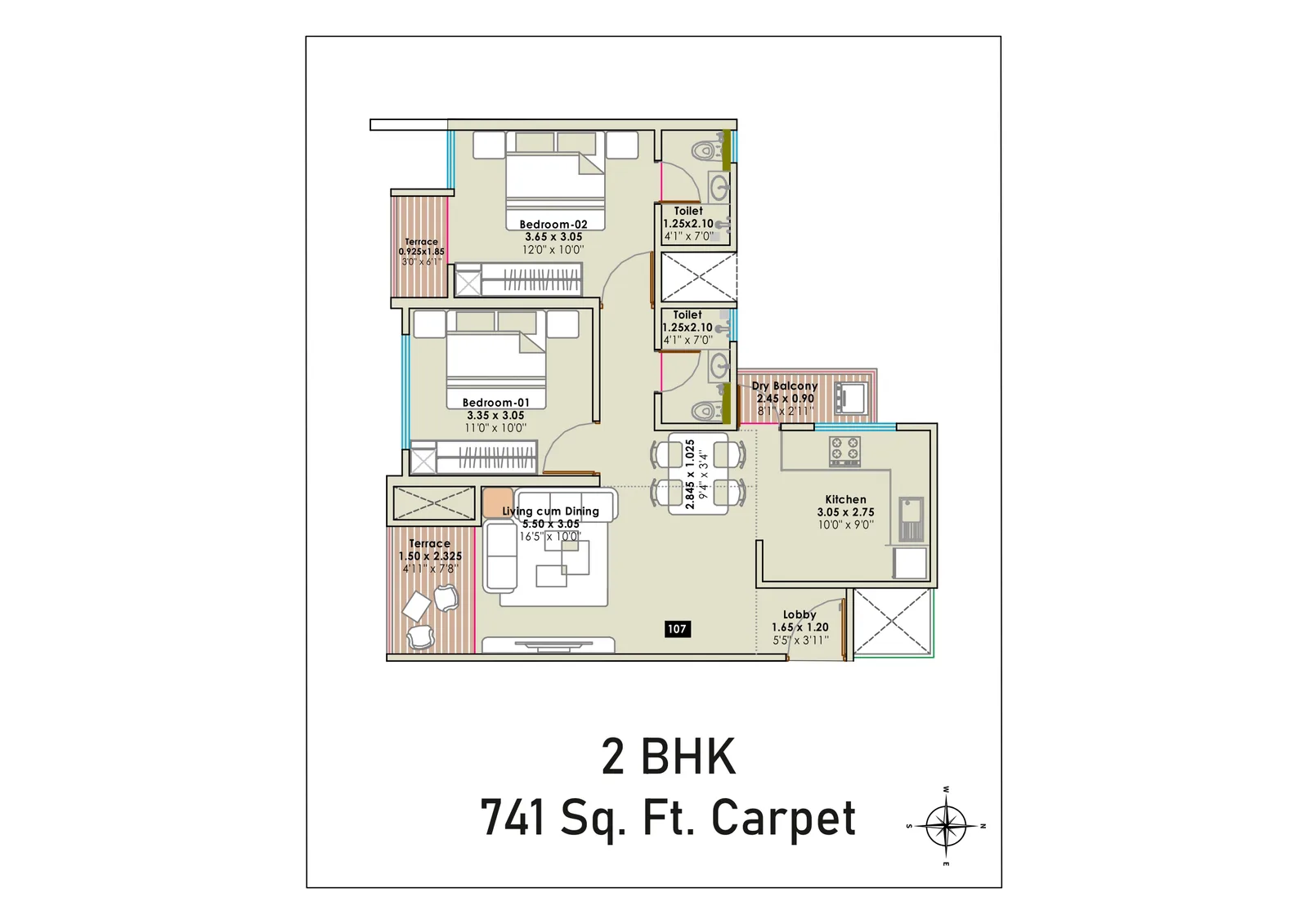 2 BHK floor plan