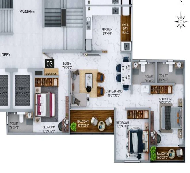 3 BHK floor plan