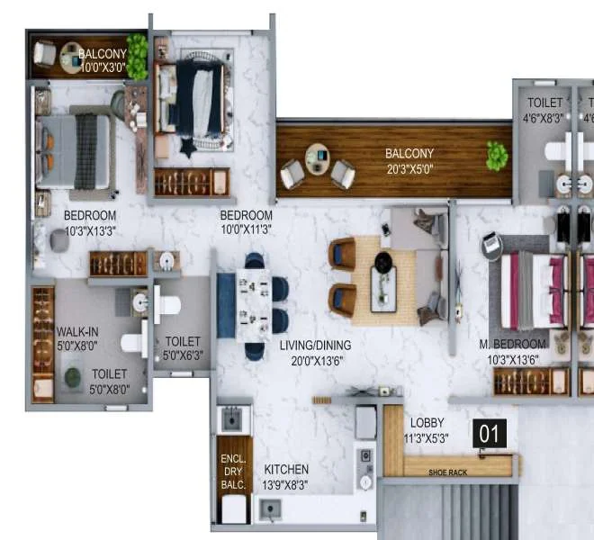 3 BHK floor plan