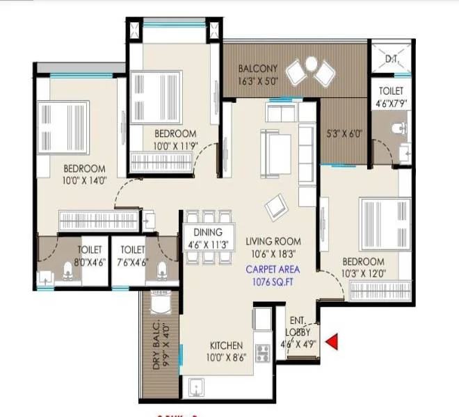 3 BHK floor plan
